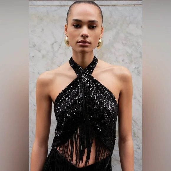 NEW ZARA FRINGED SEQUIN HALTER NECK JUMPSUIT
